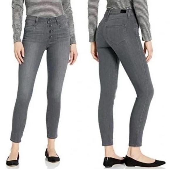 NEW PAIGE Hoxton Ankle Exposed Button Fly Skinny Jeans Dusk Grey 26 Raw Hem